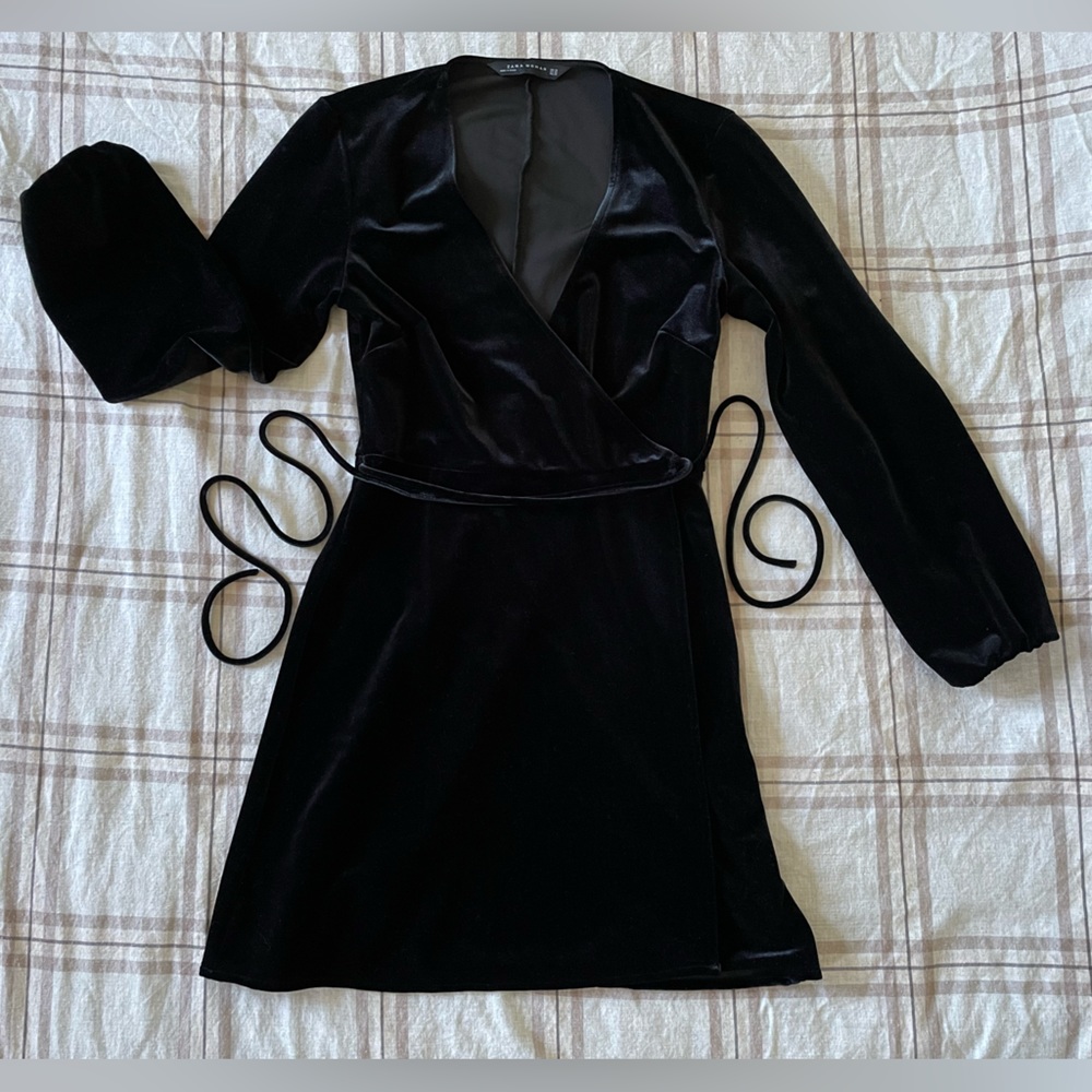 zara black velvet wrap mini dress